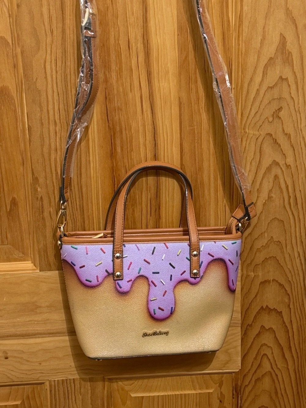 Shoe Bakery Frosting Drip Sprinkle Mini Satchel Crossbody Bag Tan Purple New